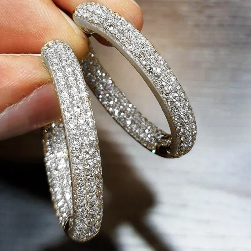 Huitan Full Bling Iced Out Big Circle Earrings for Women Brilliant Cubic Zirconia Hoop Earrings Trendy Female Jewelry 250214