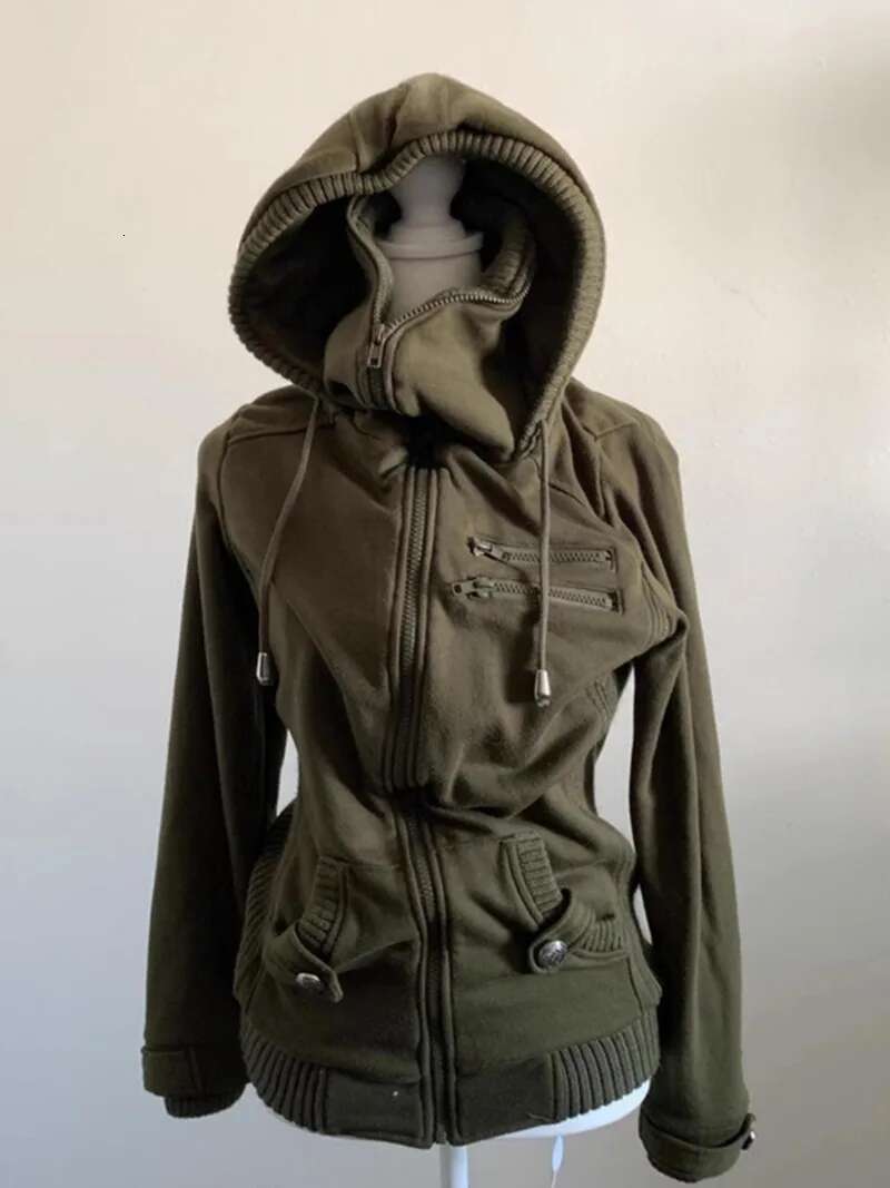 Vintage Stand Collar Slim Fit Hoodeis Solid Versatile Sweatshirts Double Zip Up Element Design Trend Jacket Veet Gothic