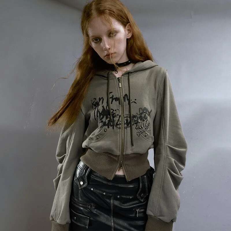 Karrcat Grunge Aesthetics Hooded Coat Vintage Graffiti Print Cropped Jacket Wasteland Punk Knitted Outerwear American Retro Y2k