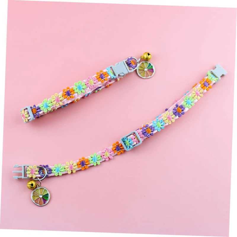 Fashionable Rainbow Flower Cat Collar with Bell Small Cat and Dog Necklace with Adjustable Buckle Colorful Lace Small Cat Collar Dog Accessories W2502