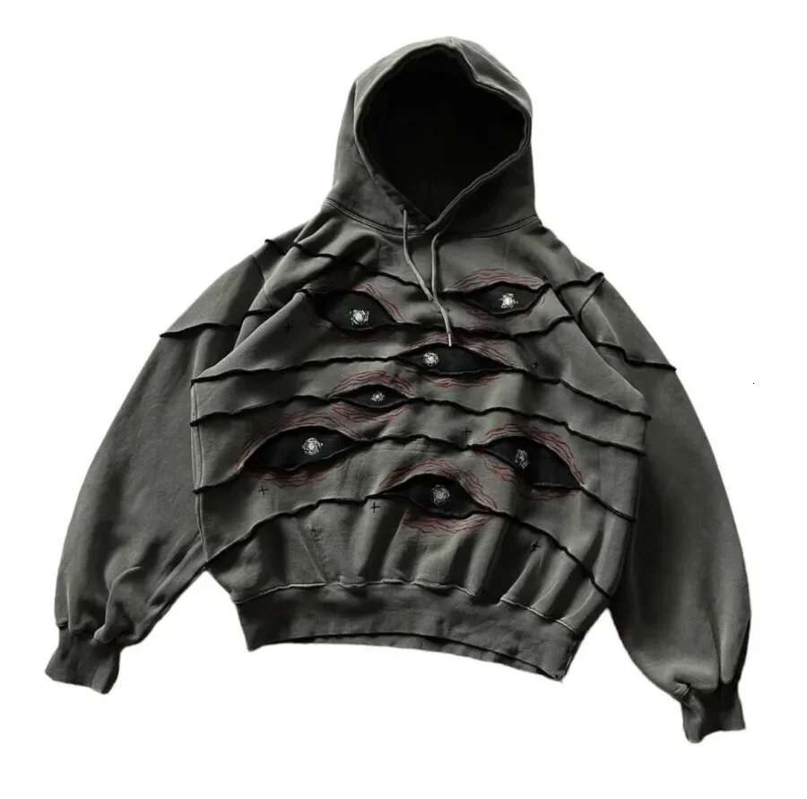 Streetwear Hoodie Hip Hop Gothic Eyes Patchwork Dark Gray Oversized Loose Pullover Men and Women Retro Haruku Punk Casual Tops