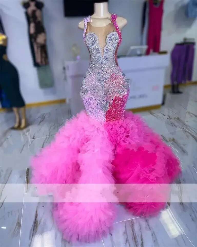 Pink Rhies Prom Dresses Black Girl Mermaid Beaded Ruffles Birthday Evening Gala Party Gown Graduation Customized