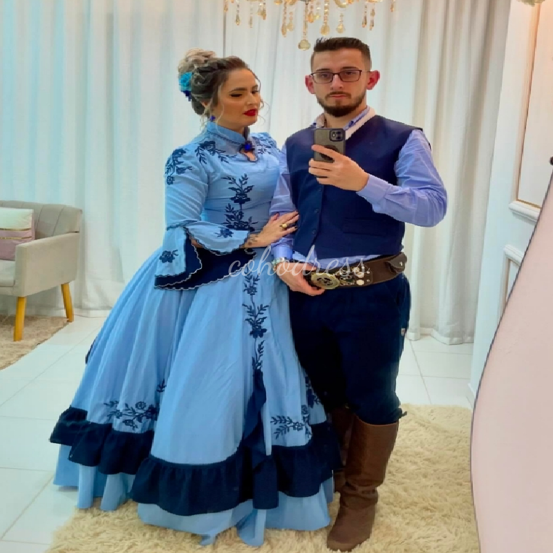 Traditional Blue Folklorico Evening Dress High Neck Long Sleeve Embroidery Prom Dress Elegant Carnival Costume Formal Cultural Celebrations Special Oc