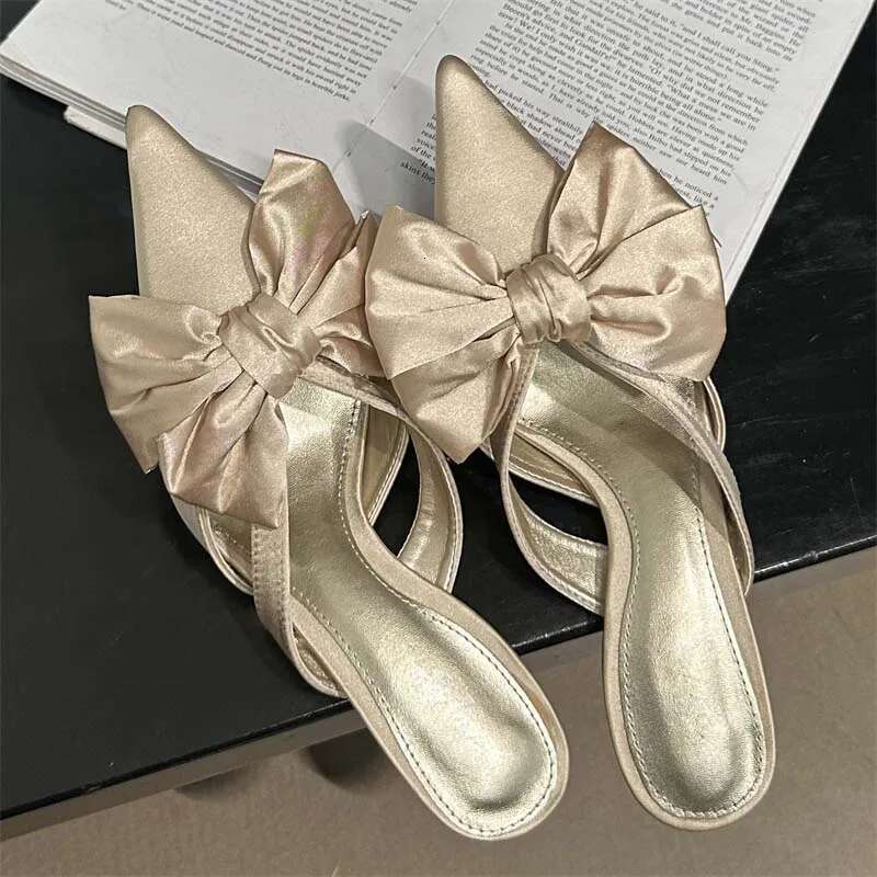 Spring Big Butterfly-knot Hollow Out Women Slippers Sandals Pointed Toe High Heel Pumps Mules Ladies Stripper Shoe