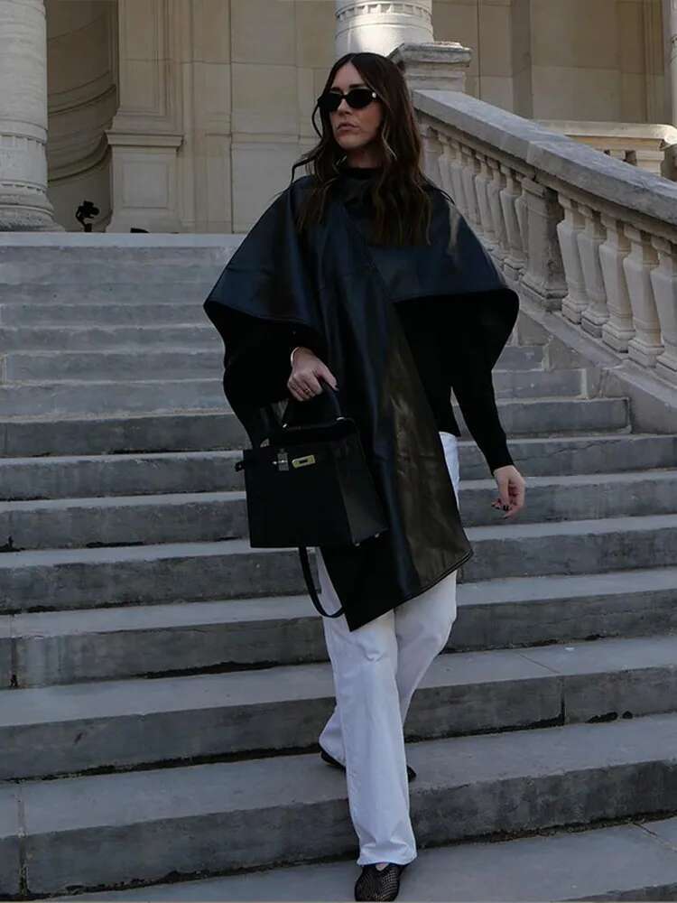 Fashion Women Poncho Black Leather Shawl Cape Jacket Casual Patchwork Short Shawls 2025 Spring Lady High Street Cloak