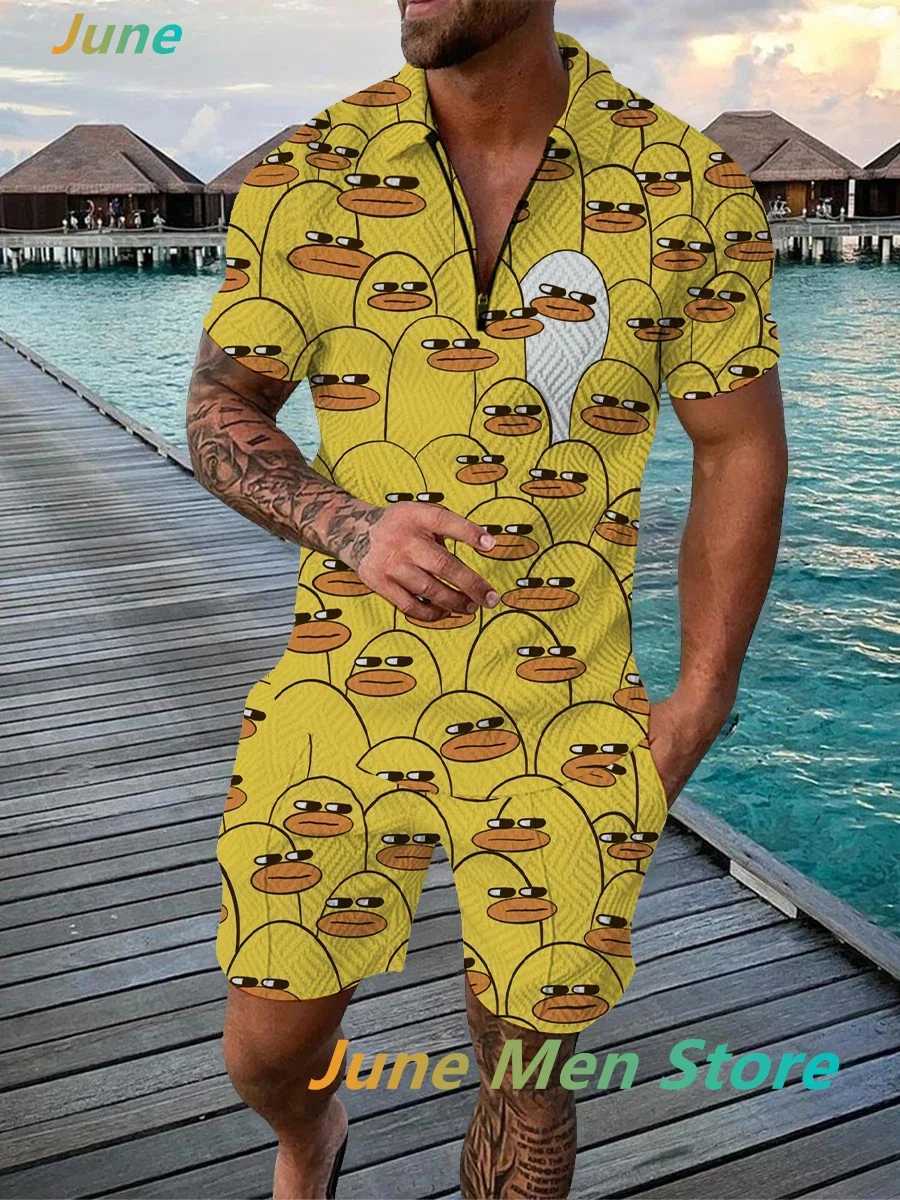 Mens Summer Tracksuit Funny Cartoon Ducks Polo Shirt+Shorts Set Casual Turn Down Collar Zipper Clothing Outfit Stylish SuitXJ250218