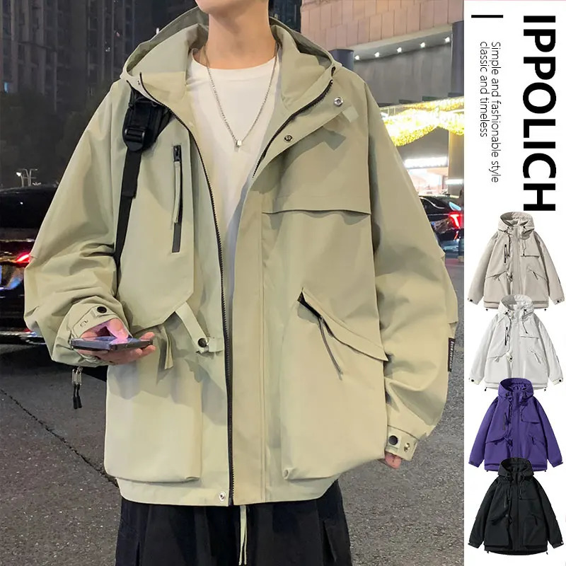 Fashion Man Casual Windbreaker Jackets Hooded Jacket High Street Outdoor Mens Waterproof Multi Bag Cargo Coat Clothing 250210
