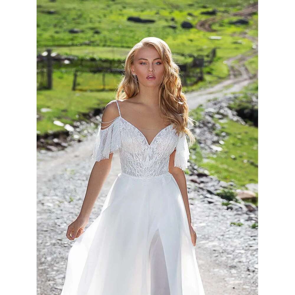 Backless A E Wedding Dresses Beading Lace Spaghetti Strap Side Slit Bridal Gown Sweep Train Vestido De Noiva Customized 6660311
