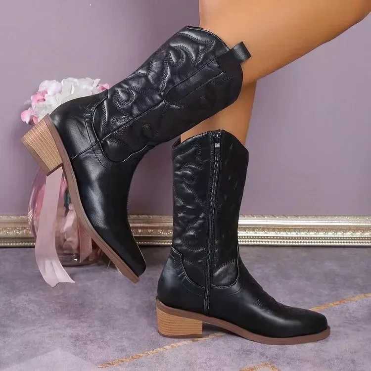 Women Fashion Zipper Knight Boots Ladies Autumn Thick Sole Chunky Heels Boots Pointed Toe Shoes Embroidered Cowboy 2024 Z250704
