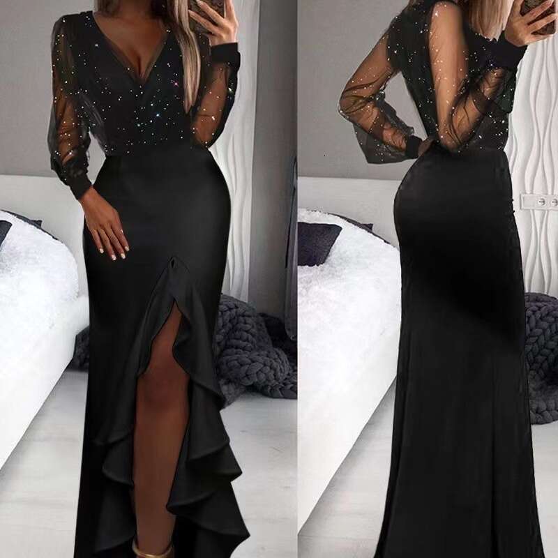 hip hing mid waist cinched black artistic mesh sequin commuting long skirt dress 2025 temperament versatile new trendy clothing ins