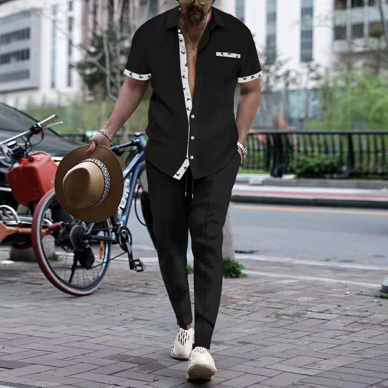 Summer mens short-sleeved long pants suit 2025 sport and casual mens style for teenagers two-piece set 250218