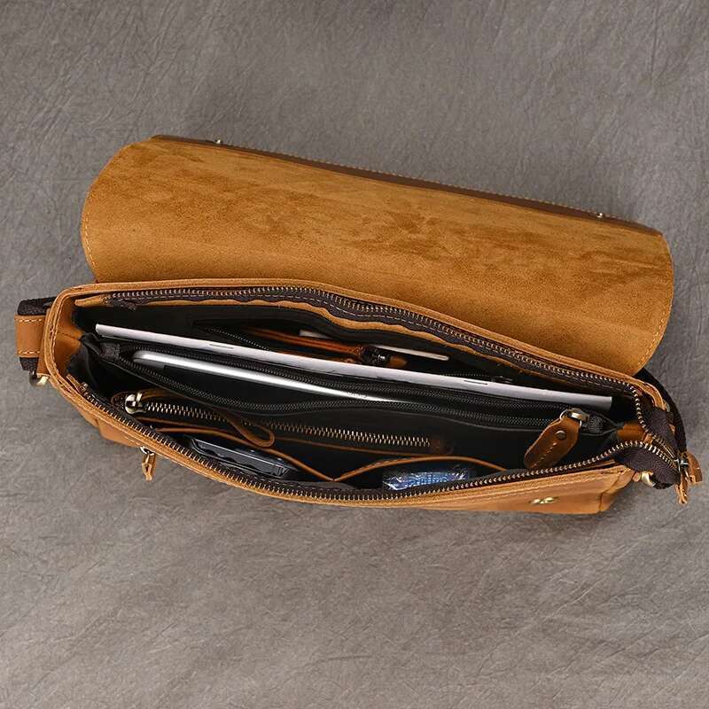 Luufan Men's Genuine Shoulder Fit A4 Documens Crazy Horse Leather Crossbody Magnetic Flap Messenger Bag For Men