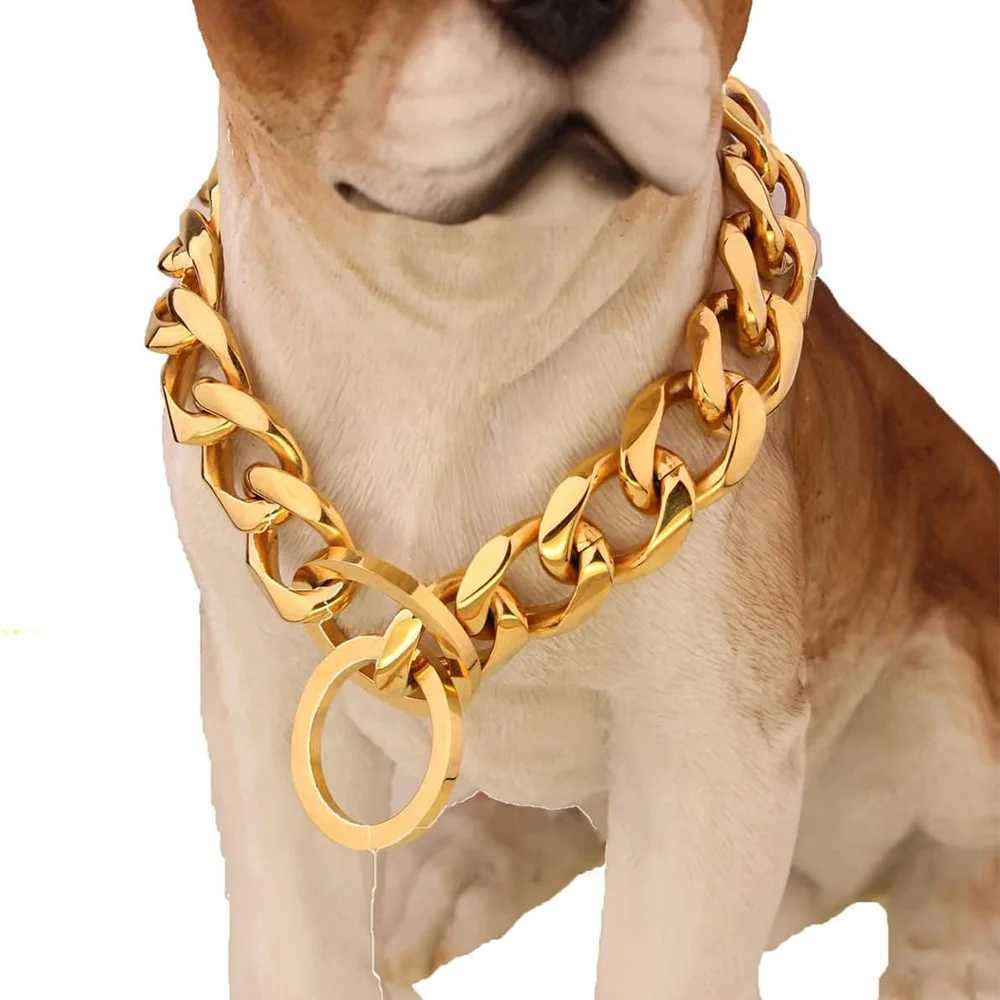 Gold Chain Dog Collar 15mm Wide Heavy Duty Metal Cuban Link Dog Slip Chain Collar Dog Necklace Fashion Pet Jewelry AccessoriesXJ250218