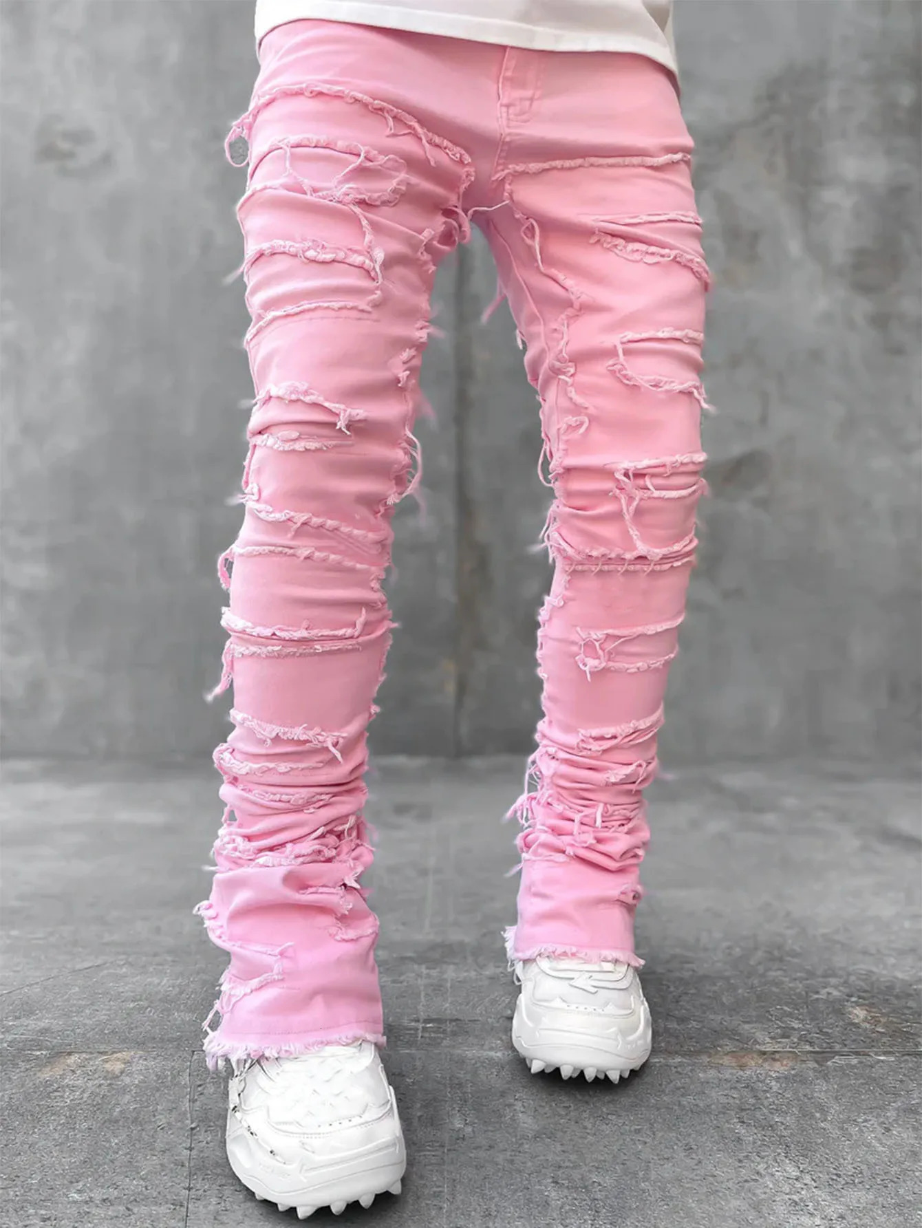 Fashion Streetwear Mens Regular Fit Stacked Jeans Ripped Slim Fit Patch Distressed Destroyed Straight Denim Pants S-3XL 250218