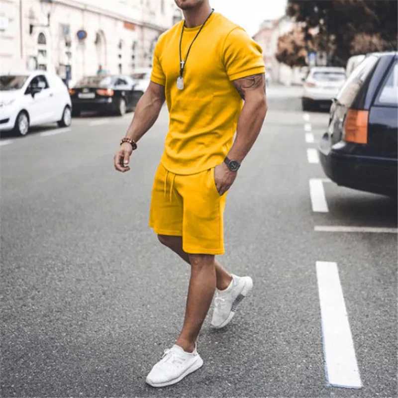 Solid color European and American mens 13 color summer new short sleeved T-shirt+short sleeved 2-piece casual sports mens setXJ250326