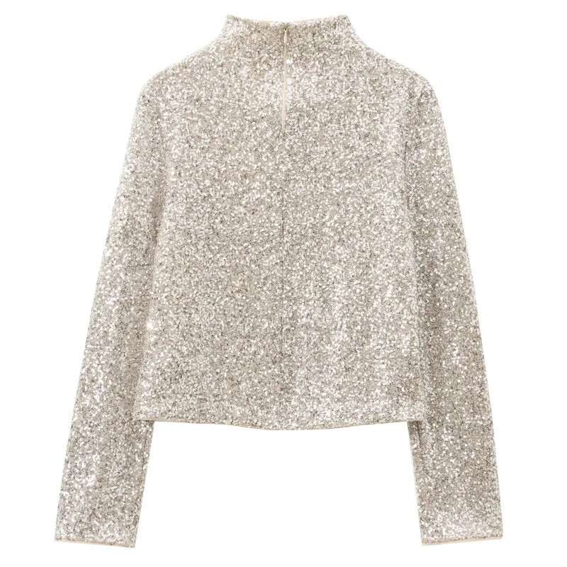 Autumn Sequined Long Sleeve Top Shirts & Blouses O-Neck Glitter Shirt Pretty And Elegant Women's Blouse