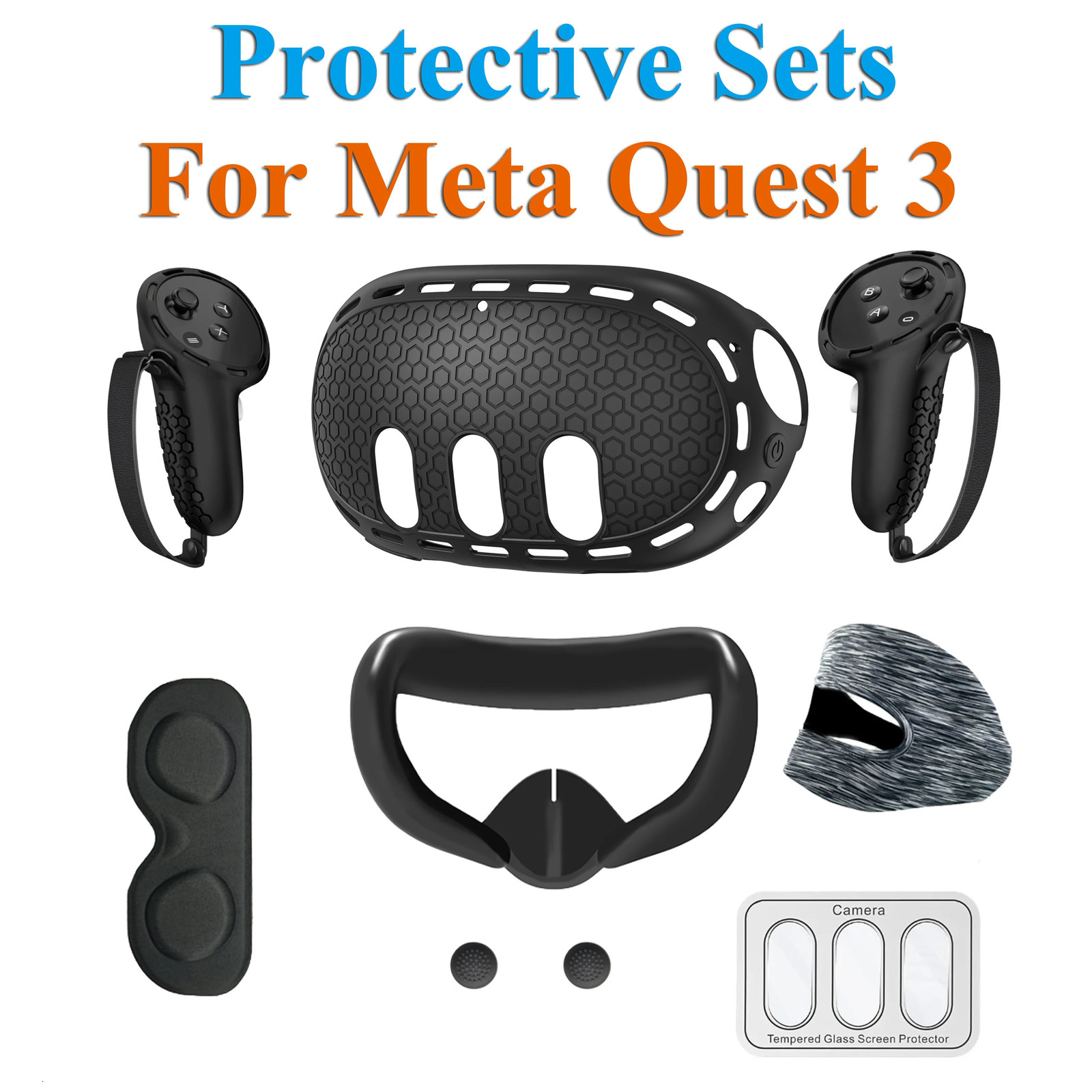 For Meta Quest 3 Silicone Protective Shell 7 IN 1 Set Controller Grip Cover Tempered Glass Film Face Case Lens Cap VR Accessory 240218