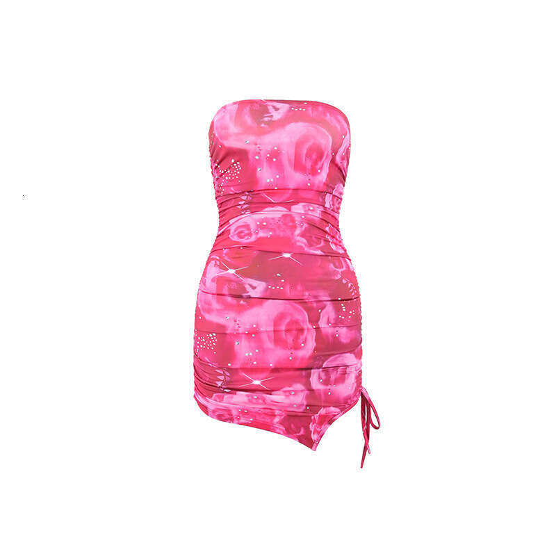 European American style summer sexy women's with strapless printing, slim fit, hip hing, slit short dress, 2025 new style, chic and elegant cloth