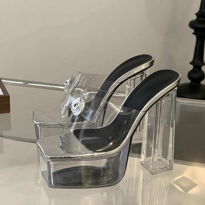 Summer Fashion Sier CRYSTAL PVC Transparent Platform Slippers Women Open Toe Square Heel Sandals Dance Ladies Shoes