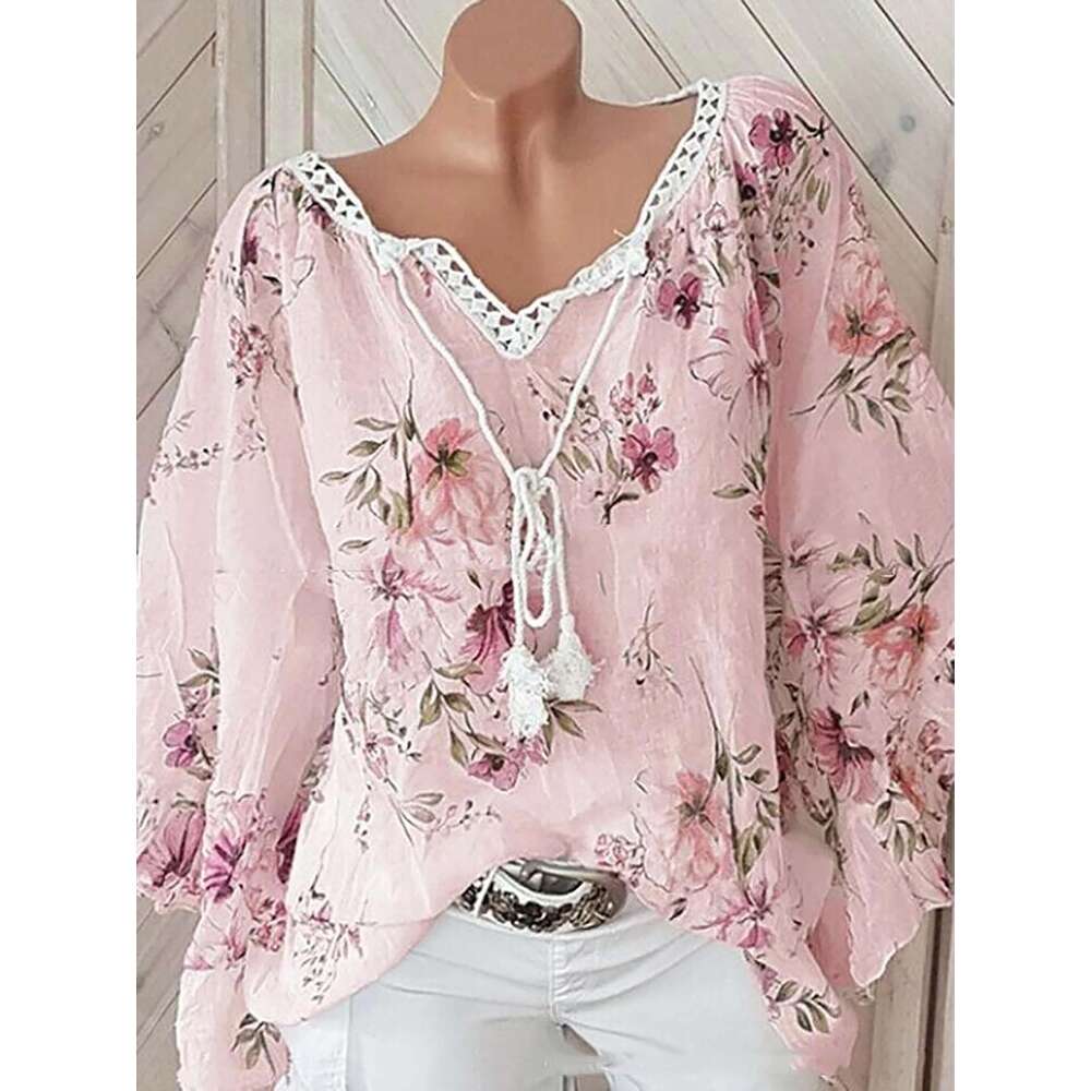 2024 Europe The United States Spring And Summer New Women's Top V-Neck Splicing Print Large Size Long-Sleeved Shirt Women