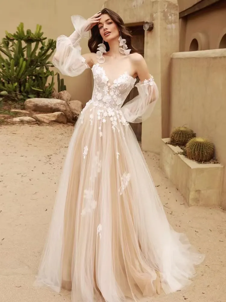 Boho Glitter Long Sleeves Floral Weeding Dress Deep Scoop Side Split A-Line Lace Appliques Bridal Gownss Bridal Gownss 02