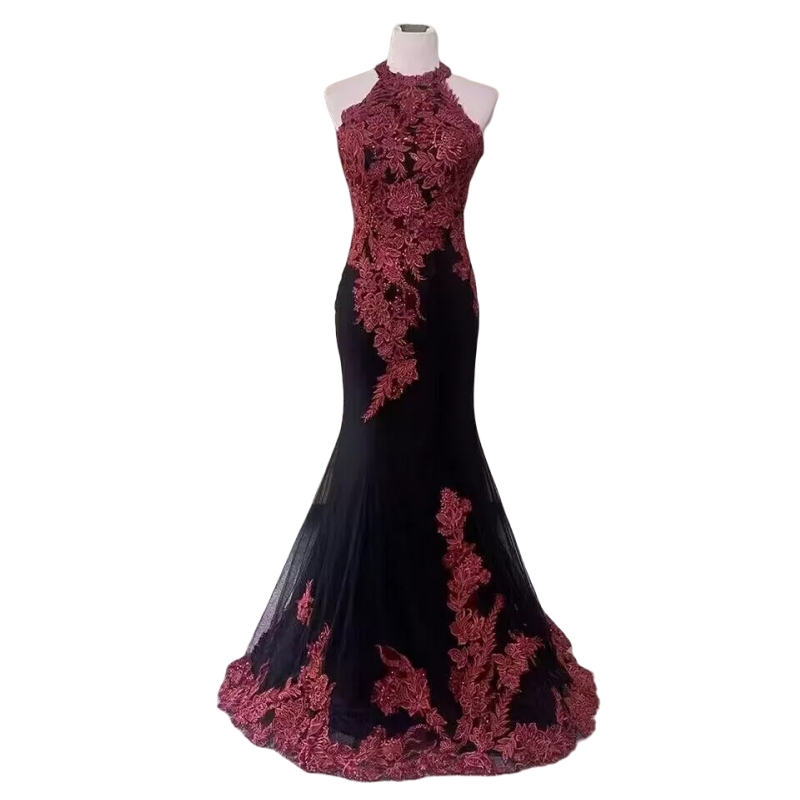 Vintage Black And Burgudy Mermaid Wedding Dresses Halter Neck Lace Appliques Long Gothic Wedding Gown For Bride 2025 Sleeveless Vestido De Novia