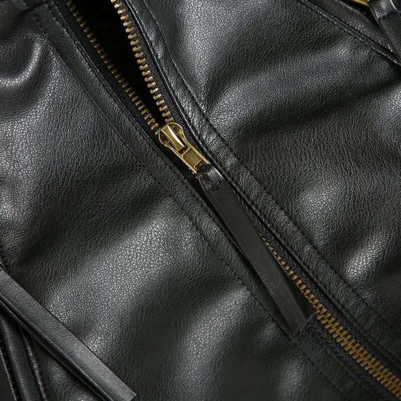 American Style Vintage Workwear Zipper PU Leather Stand Collar Waist-Fitted Screw Thread Sewn Slimming Jacket