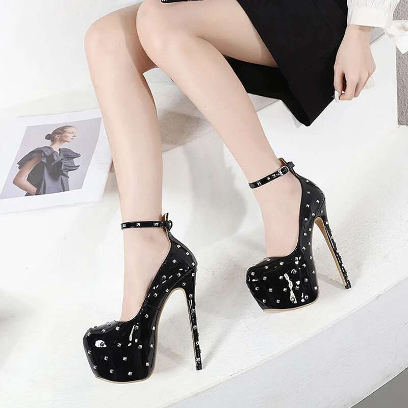 Sexy Design Round Toe Rivets Pumps Women Platform Buckle Strap Sandals Extreme Thin High Heels Nightclub Shoes