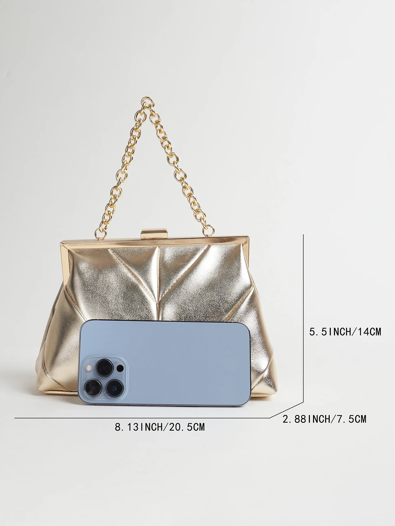 1 PC Matallic PU Leather Elegant Pleated KissLock Closure Evening BagShinny Metal Chain Holder Frame Cross Body Clutch BagKis 250218