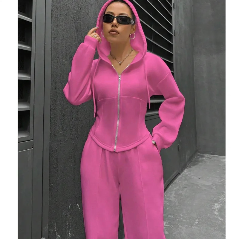 Womens Sports Autumn/Winter Two piece Set Trendy Solid Color Hooded Cardigan Slim Fit Casual Two piece Set for Women 250218