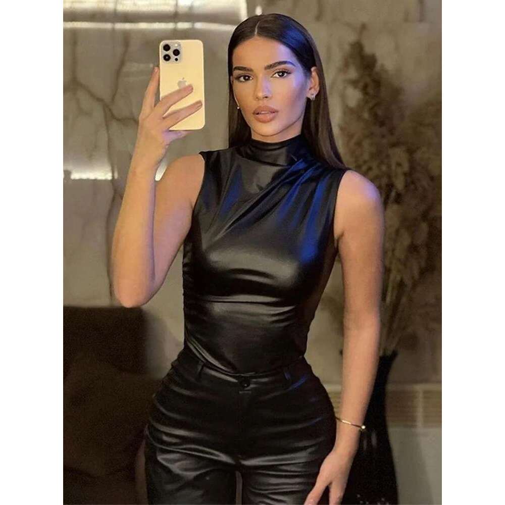 Sexy Vest Women's Y2k Retro Pu Simple Basic Vest, High Waist Slim Fit Sleeveless Top, Multifunctional Noble Shirt