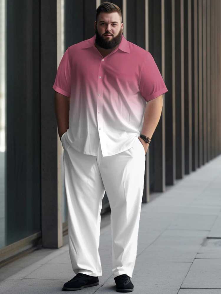 ZOOY (L-9XL) Mens Large Set Waist 166cm Gradient Color Block Texture Simple Casual Short sleeved Shirt and Pants SetXJ250218