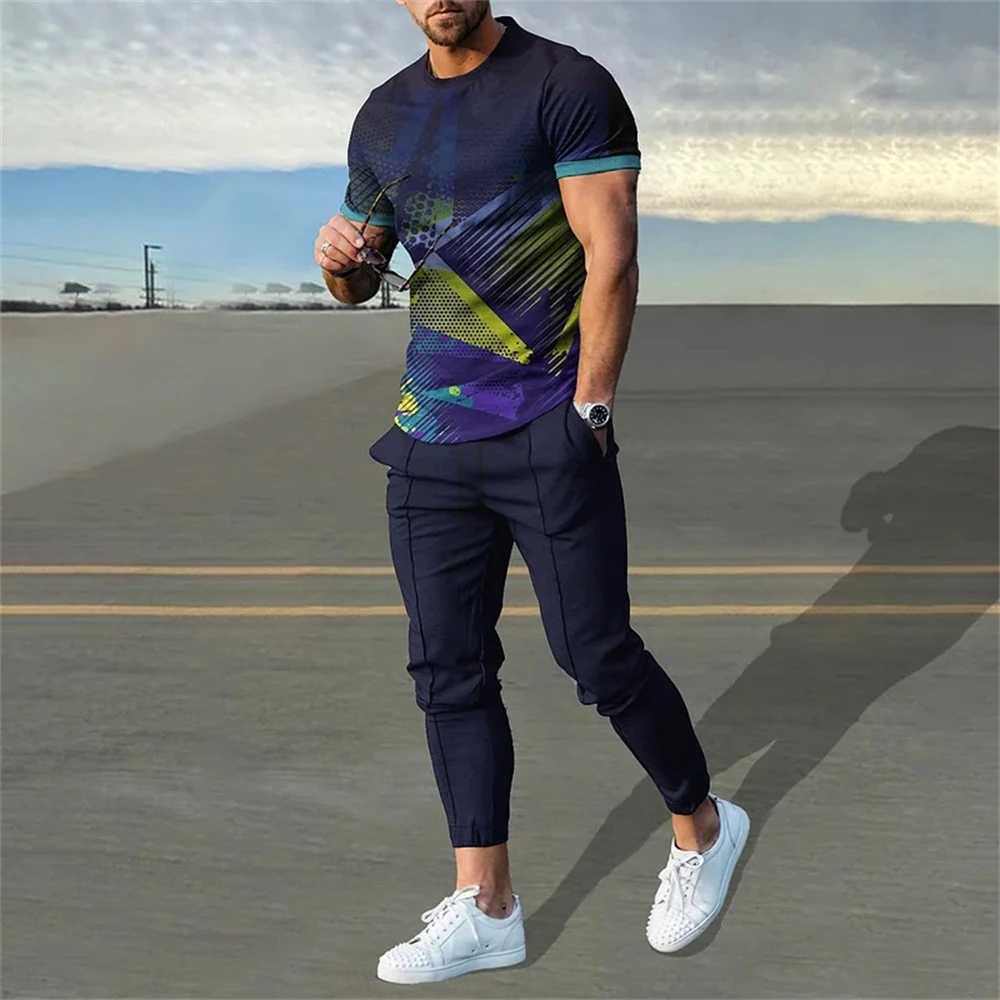 Fashion Colorful Blocks 3D Print Men Sportswear Set Short-Sleeved T Shirt Pants 2-Piece Set Oversized Pullover Men ClothingXJ250218