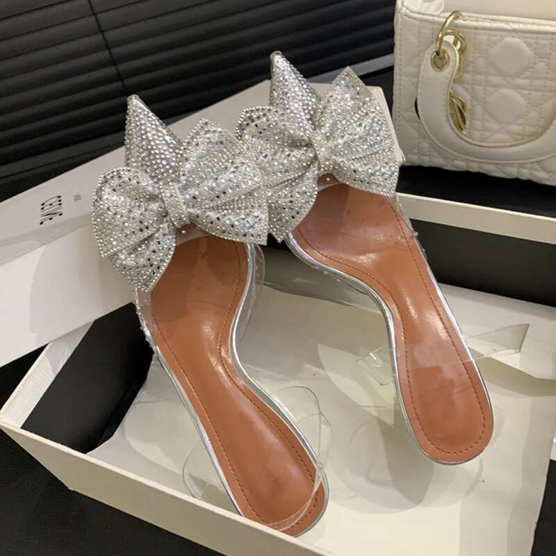 Crystal Bowknot PVC Transparent Women Pumps Champagne Sier Pointed Toe Low Heels Sandals Prom Party Shoes