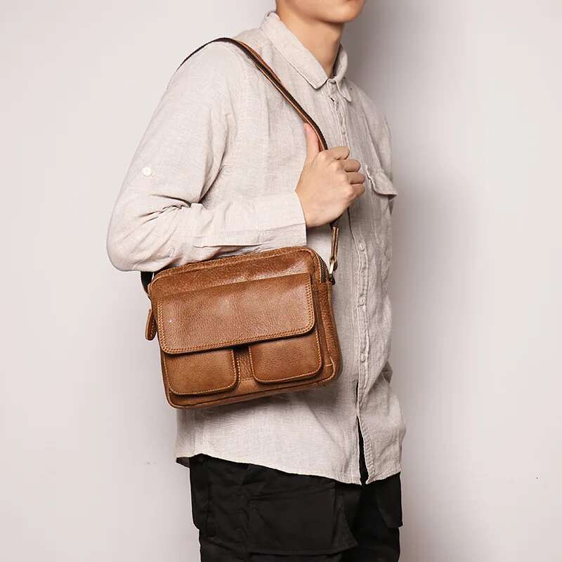 Retro Top Layer Cowhide Male Horizontal Crossbody Men's Real Leather Casual Shoulder Bag 7.9 "Ipad