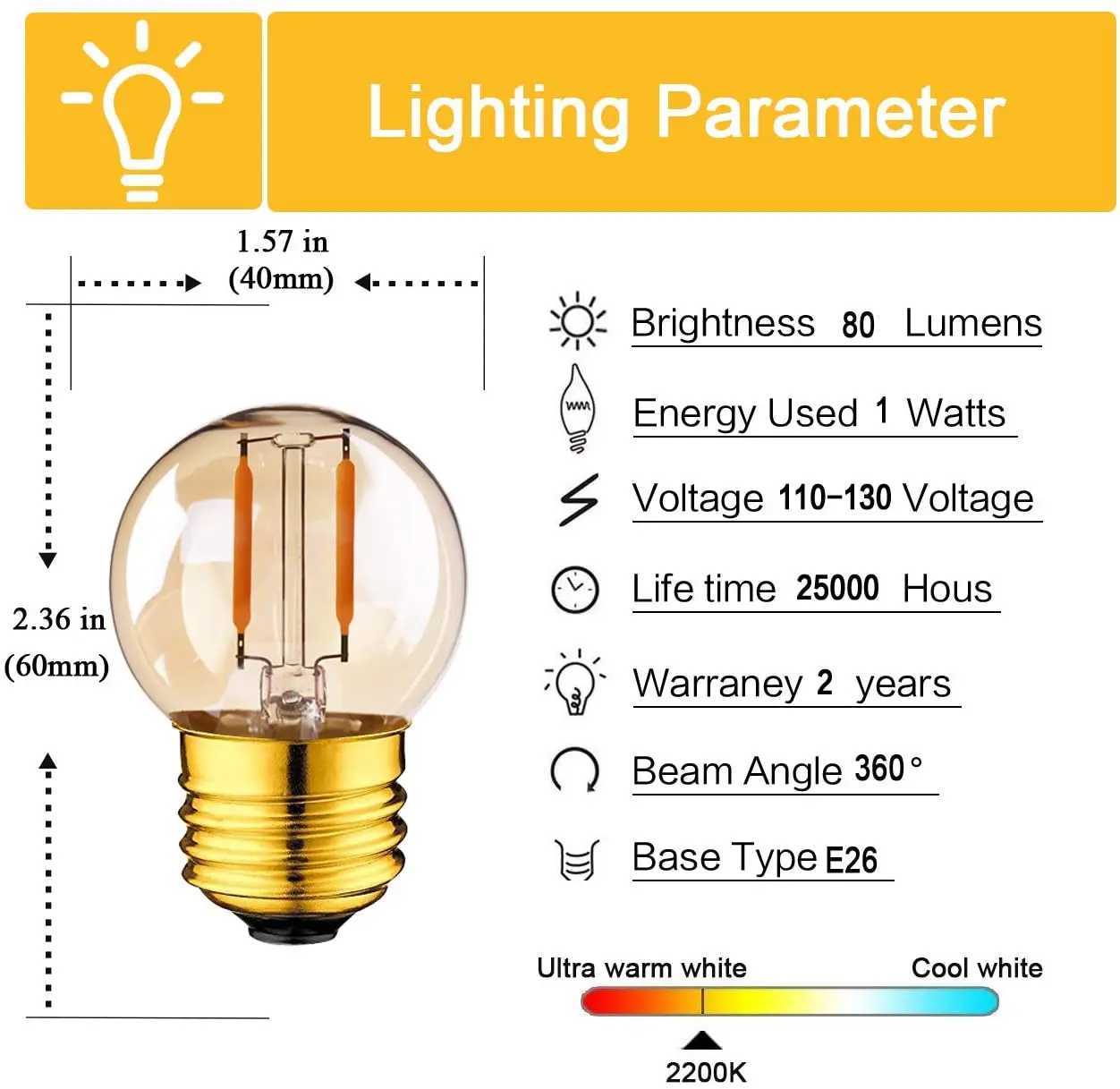 G40 LED Mini Globe Light Bulb 1W 3W Edison Filament Bulbs Ultra Warm White 2200K Vintage Decorative String LED Lamp E26 E27 Base Z250219