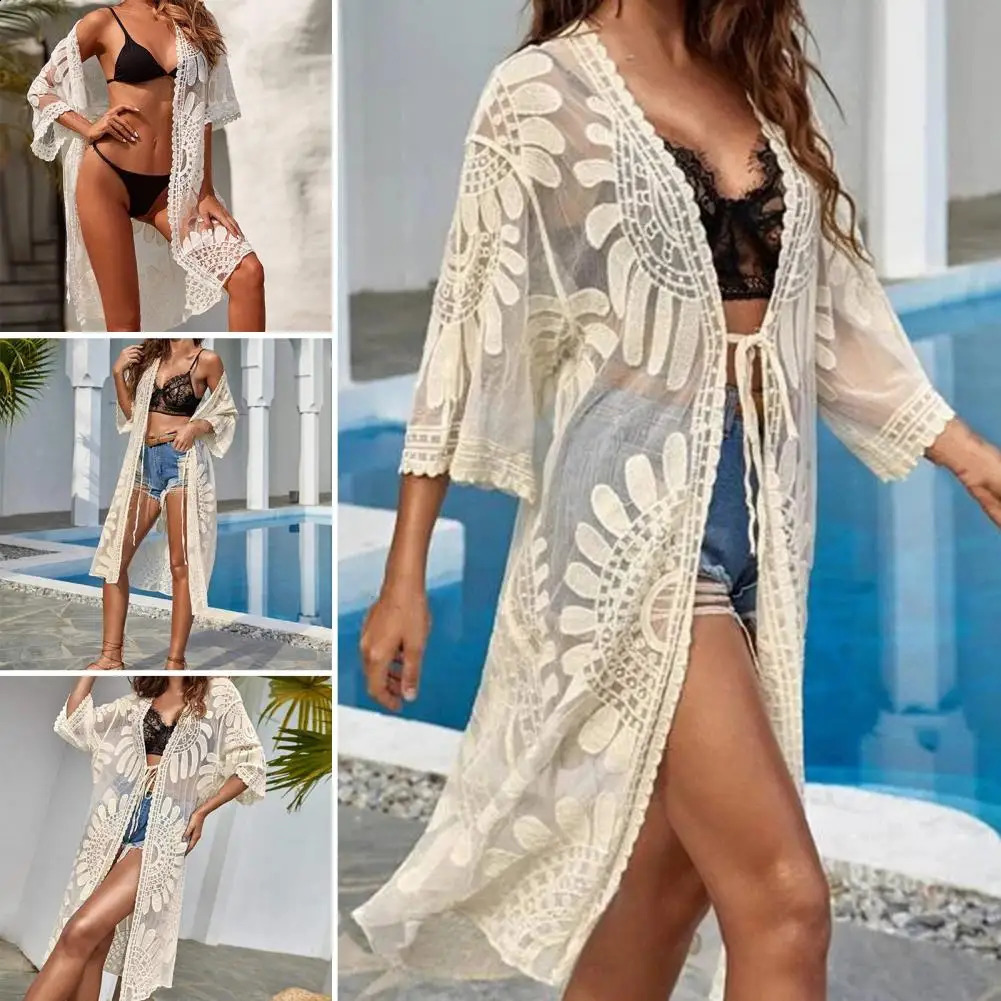 Flower Lace Coverups Beachwear White Cardigan Beach Cover Ups for Swimwear Women Bath Exits Outfits Solid Knitted Wear Coverup 250217