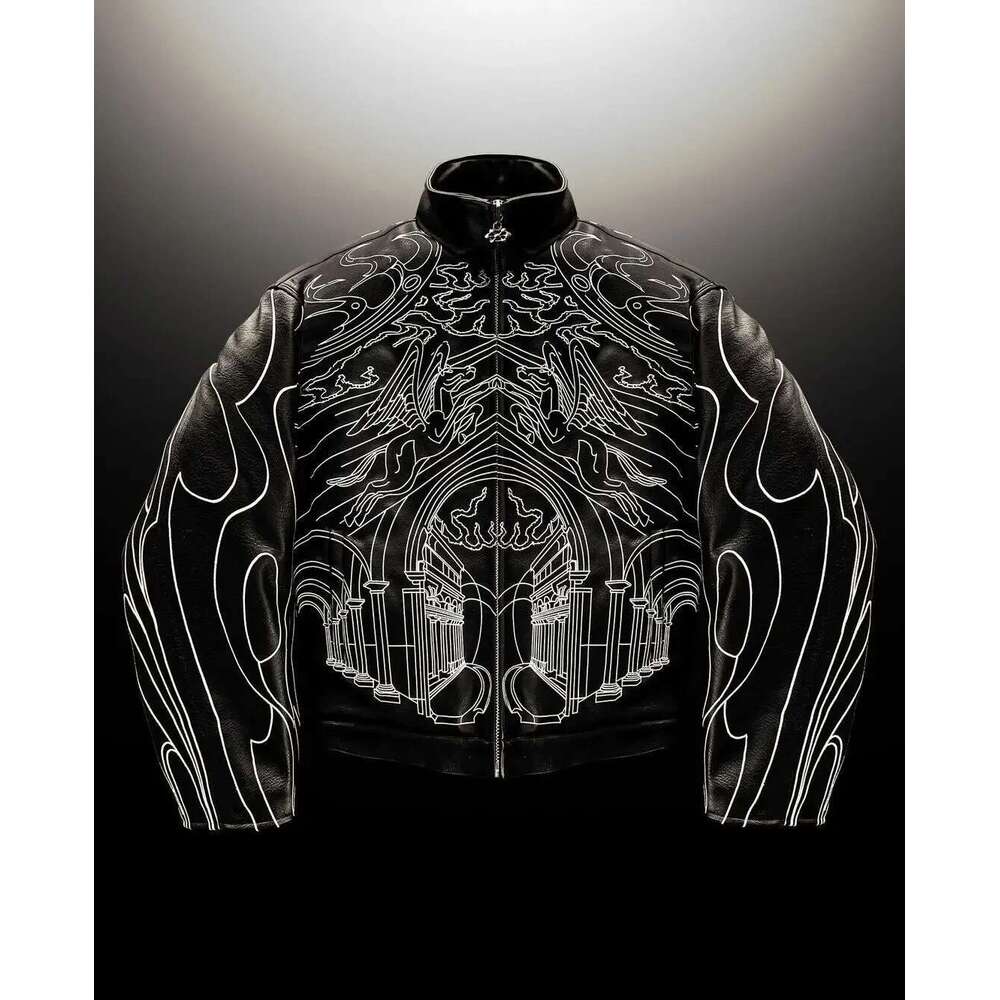 Men's Retro Gothic Jackets, Hip Hop Rock Line, Letter Pattern, PU Leather Jacket, Thick Black, ADT Zipper, Combined, Y2k