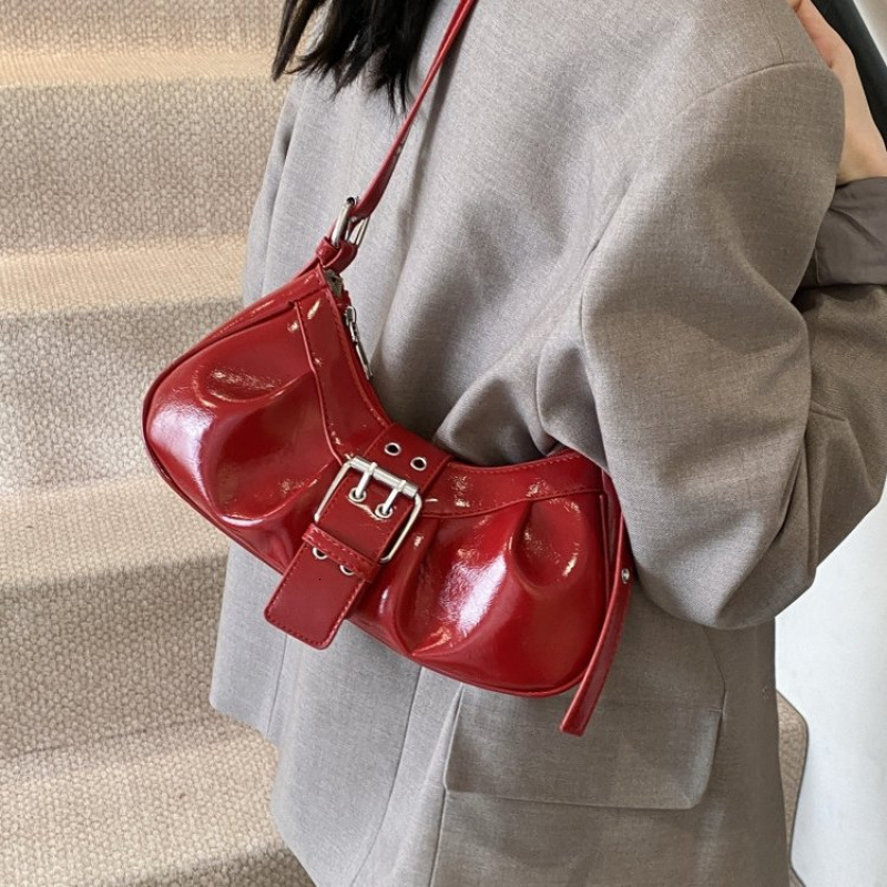 2025 new motorcycle hot girl style niche red pleated women's belt buckle single shoulder armpit crossbody bag #swissmilitary