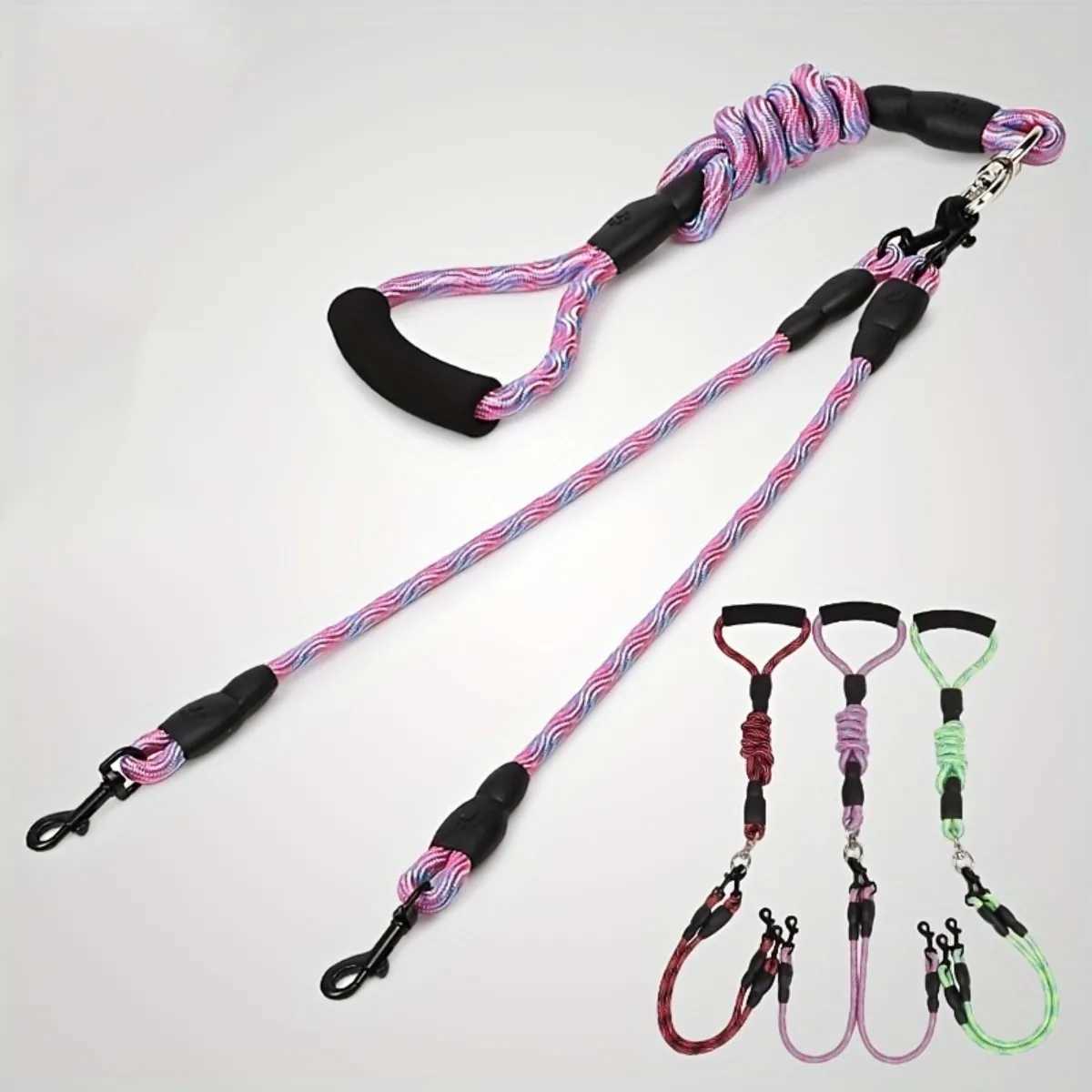 Pet dual head dog walking rope with wavy pattern one drag two traction rope anti winding and detachableXJ250218