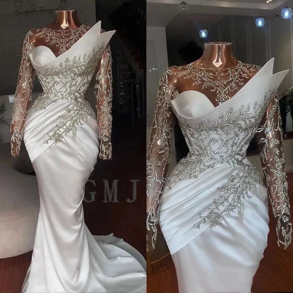 Satin African Wedding Dresses 2025 Bride Mermaid Rhie Crystal Beads Long Sleeves Dubai Bridal Gown Customized