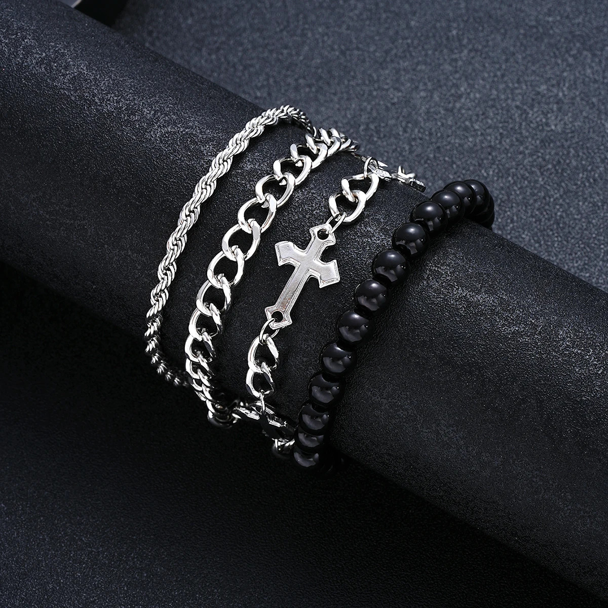 4piece stainless steel bracelet set suitable for men women punk fashionable cross bead chain simple hiphop neutral jewelry gift 250213