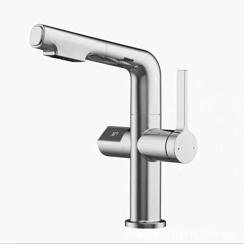 LCD Digital Display Bathroom Basin Faucet Pull out Basin Tap Hot Cold Bathroom Kitchen Faucet Brass Deck Mount Sink Mixer Tap