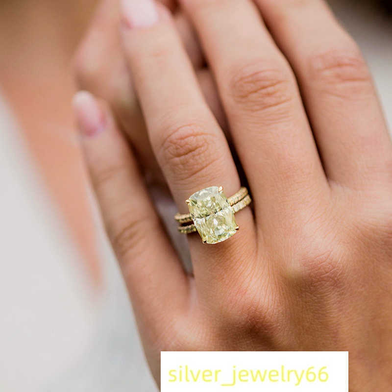 Lutser Fine Jewelry 18K/14K/10K Yellow Gold Double Band 7.0 Carats Elongated Cushion Cut Colored Moissanite Ring
