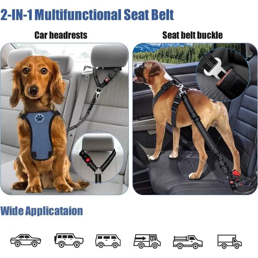 2-in-1 Dog Car Seatbelt Headrest Restraint Adjustable Reflective Pet Safety Seat Belt Clip Buckle Tether Large Medium Small DogsXJ250218
