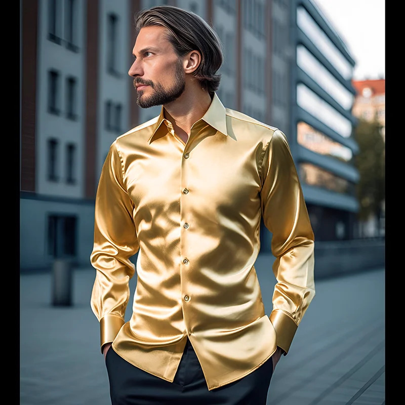 Men Satin Shirts Mens Dress Shirts Long Sleeve Casual Social Male Clothes Chemise Homme Shirt S40 250214
