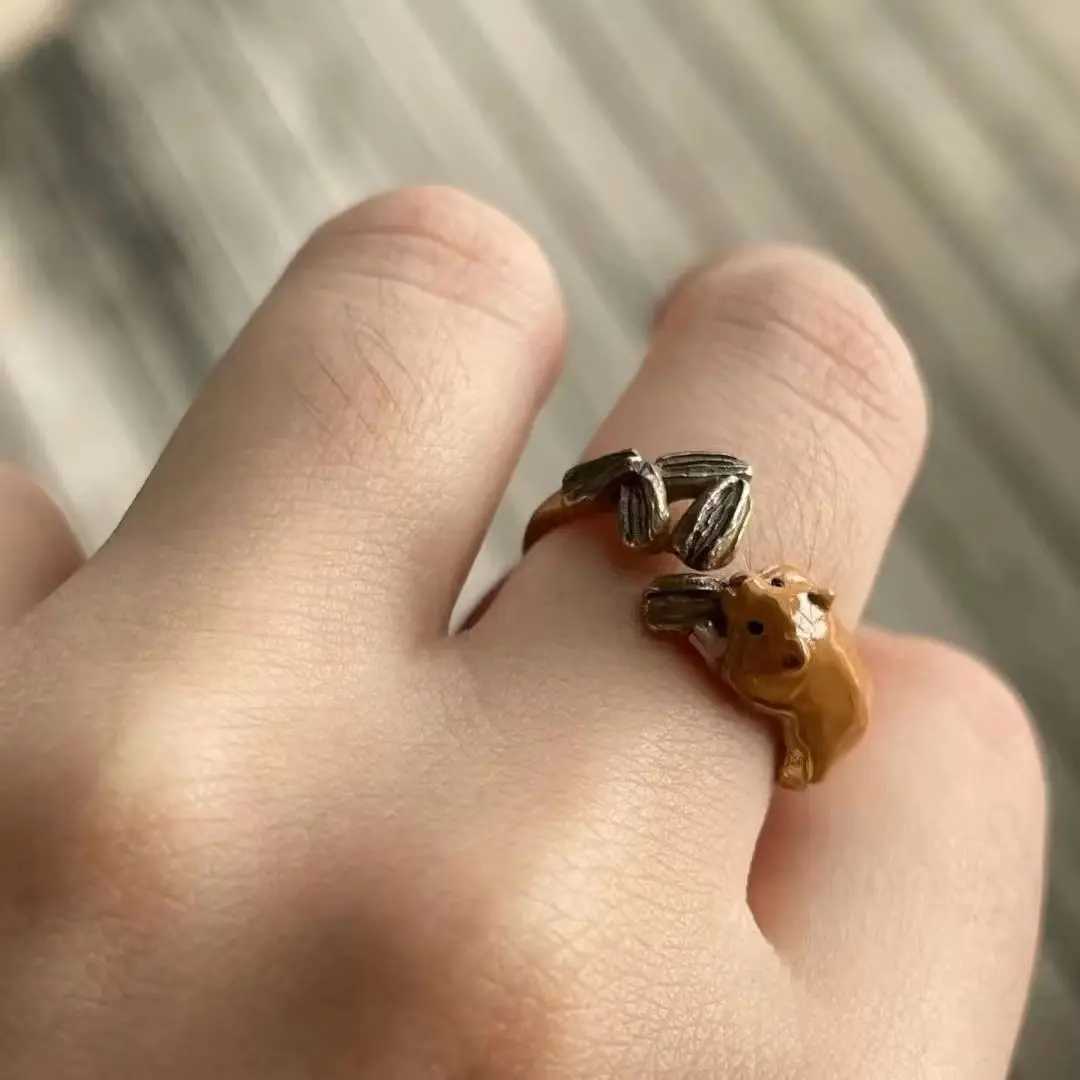1Pcs Fashion Squirrel Sunflower Seed Cute Copper Ring Men Women Party Daily Gift Wear AdjustableXJ250219