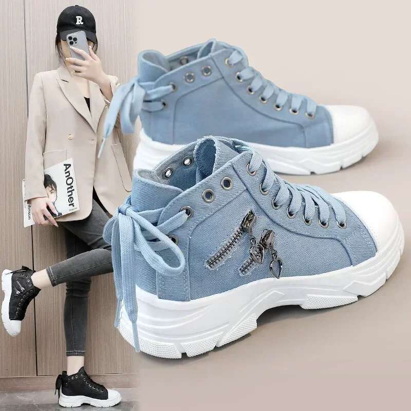 Brand Chunky Canvas for Woman Fashion Retro Light Blue Denim High-top Casual Shoes Outdoor Non-slip Sneakers Mujer #ddmykukumalu