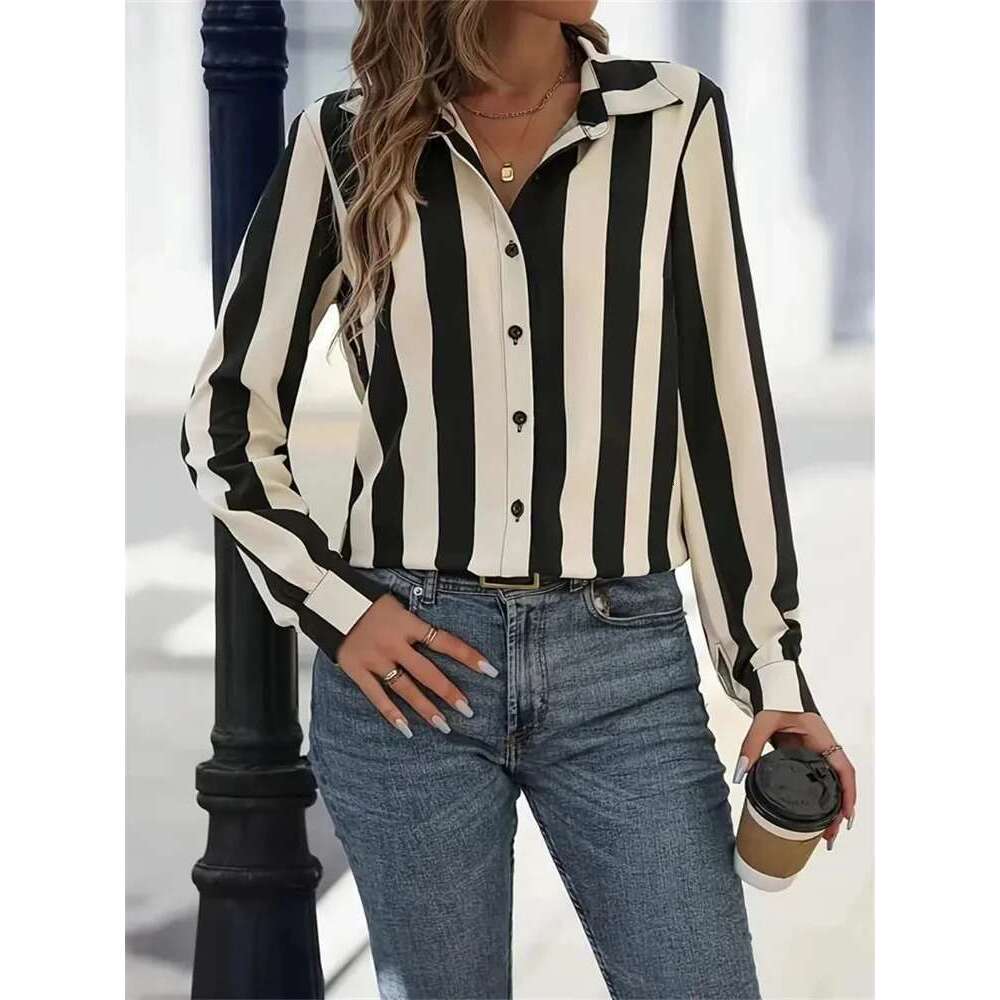 Women Spring Autumn Style Blouses Shirts Lady Casual Long Sleeve Turn-Down Collar Striped Printed Blouse Top