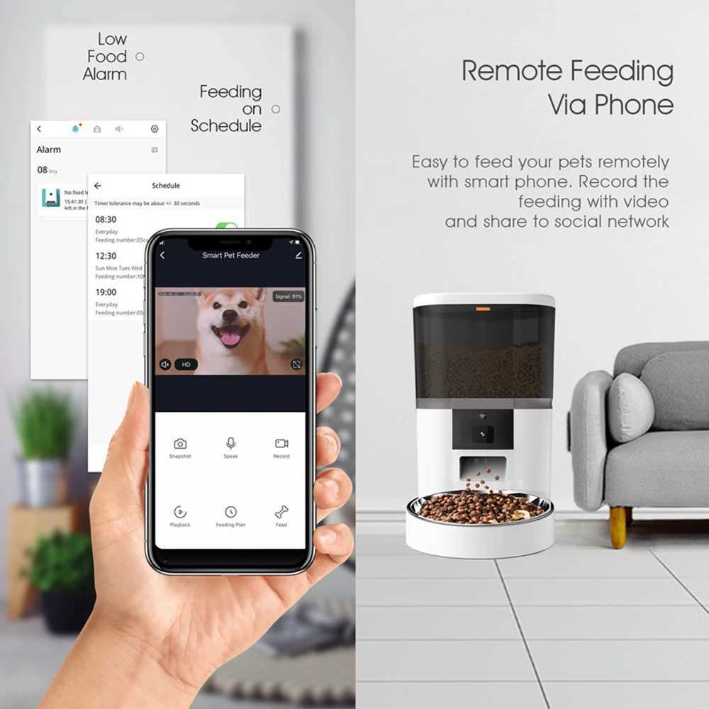 Dog Feeders 4L Smart Automatic Cat Feeder With Camera Video Cat Dry Food Dispenser Pet Smart Voice Recorder Auto Feeder Bowl For Cat Dog H250218